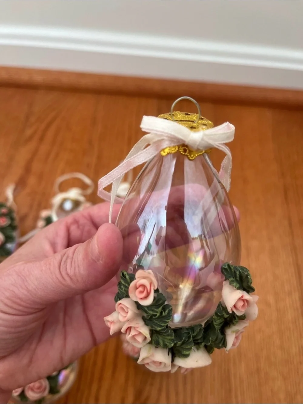 Vintage Victorian Pink Rose Iridescent Christmas Ornaments Set of 6